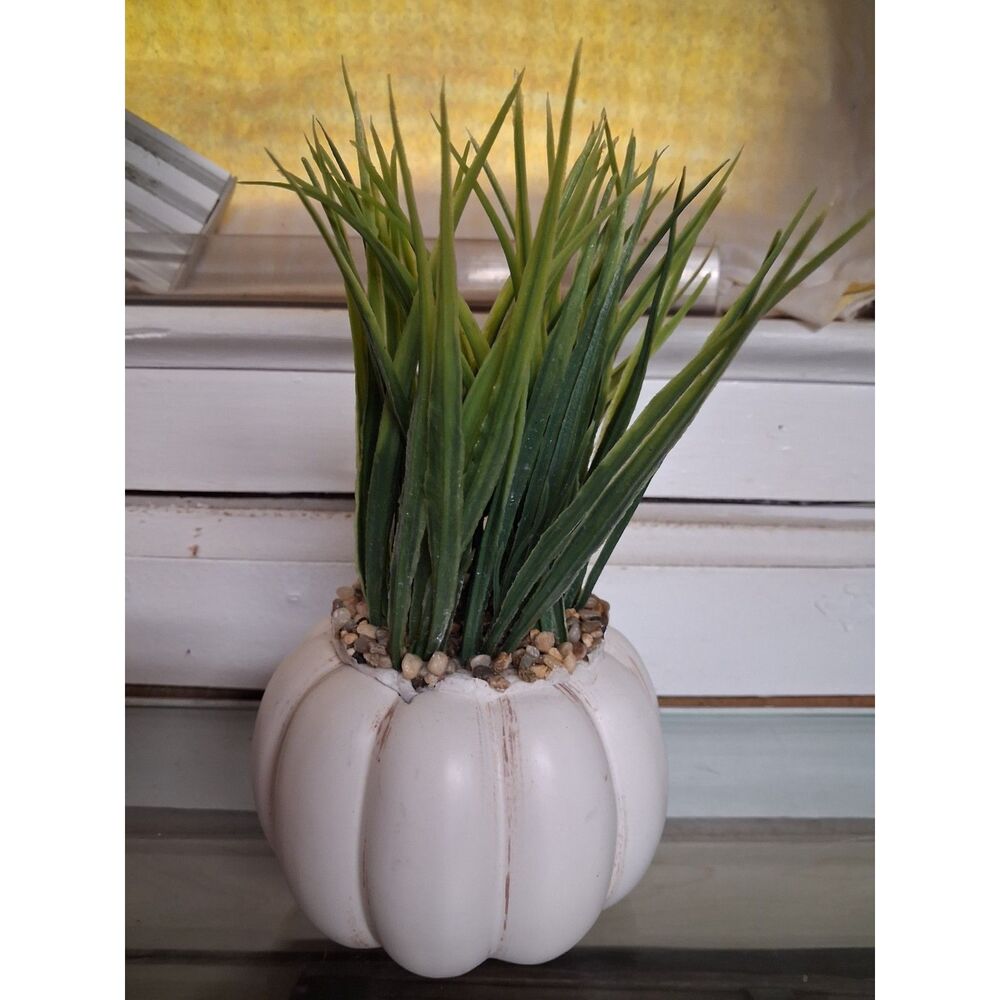 White Ceramic Pumpkin Planter with Faux Grass Fall Decor